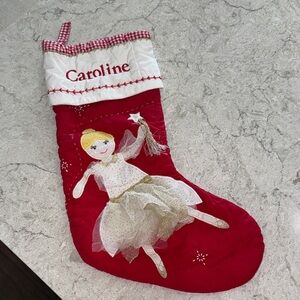 Caroline Pottery Barn Kids monogram Red Christmas Stocking with Fairy Design